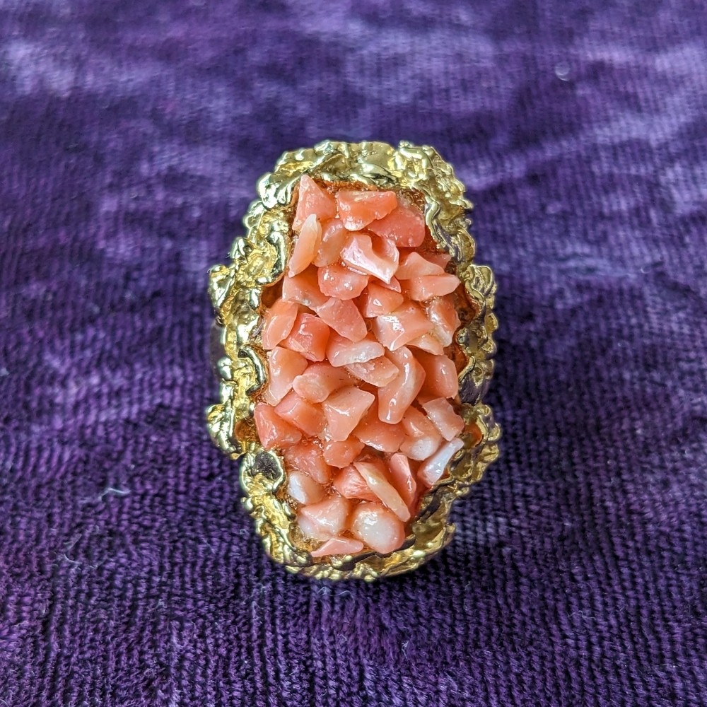 Vintage 10K Gold Plated Statement Ring With Natural Angel Skin Corals